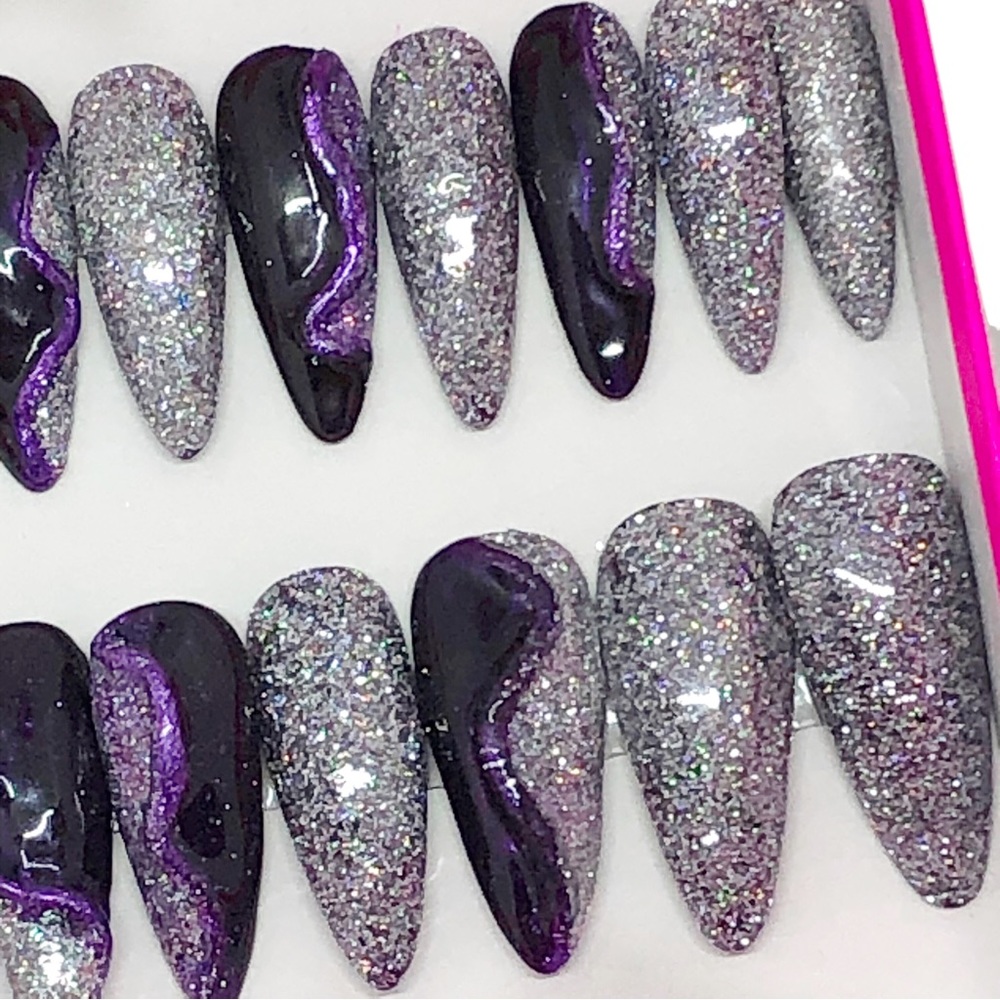 *SOLD* Handmade Press On Nails Long Almond Shape Full Set UV Gel Purple & Holo … - Picture 2 of 13